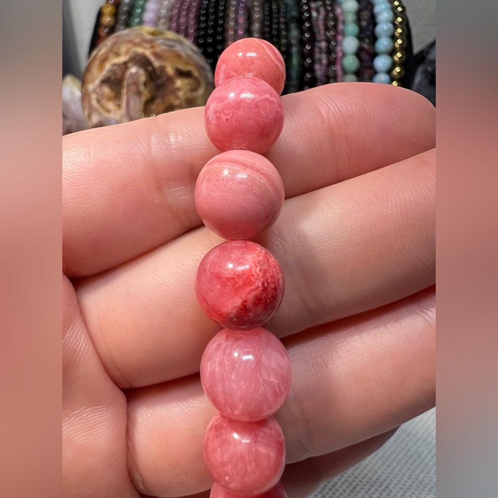 10MM Rhodochrosite Beaded Bracelet 6.76” Natural Pink Crystal Quartz Love Stone - Picture 10 of 12